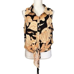 Rachel Zoe Sleeveless Tie Waist Button Down Shirt Linen SZ XL Black Tan NEW